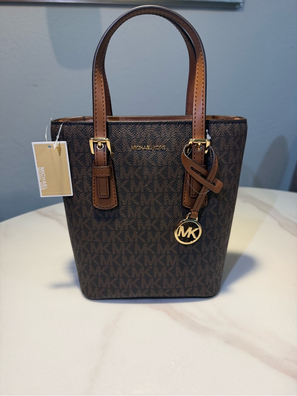 Brand New Michael Kors Dark Brown Logo Mini Tote with Gold Hardware